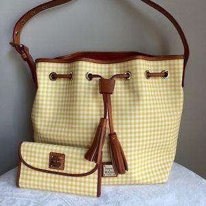 Dooney & Bourke Yellow Gingham Aimee Drawstring Bag and Matching Wallet